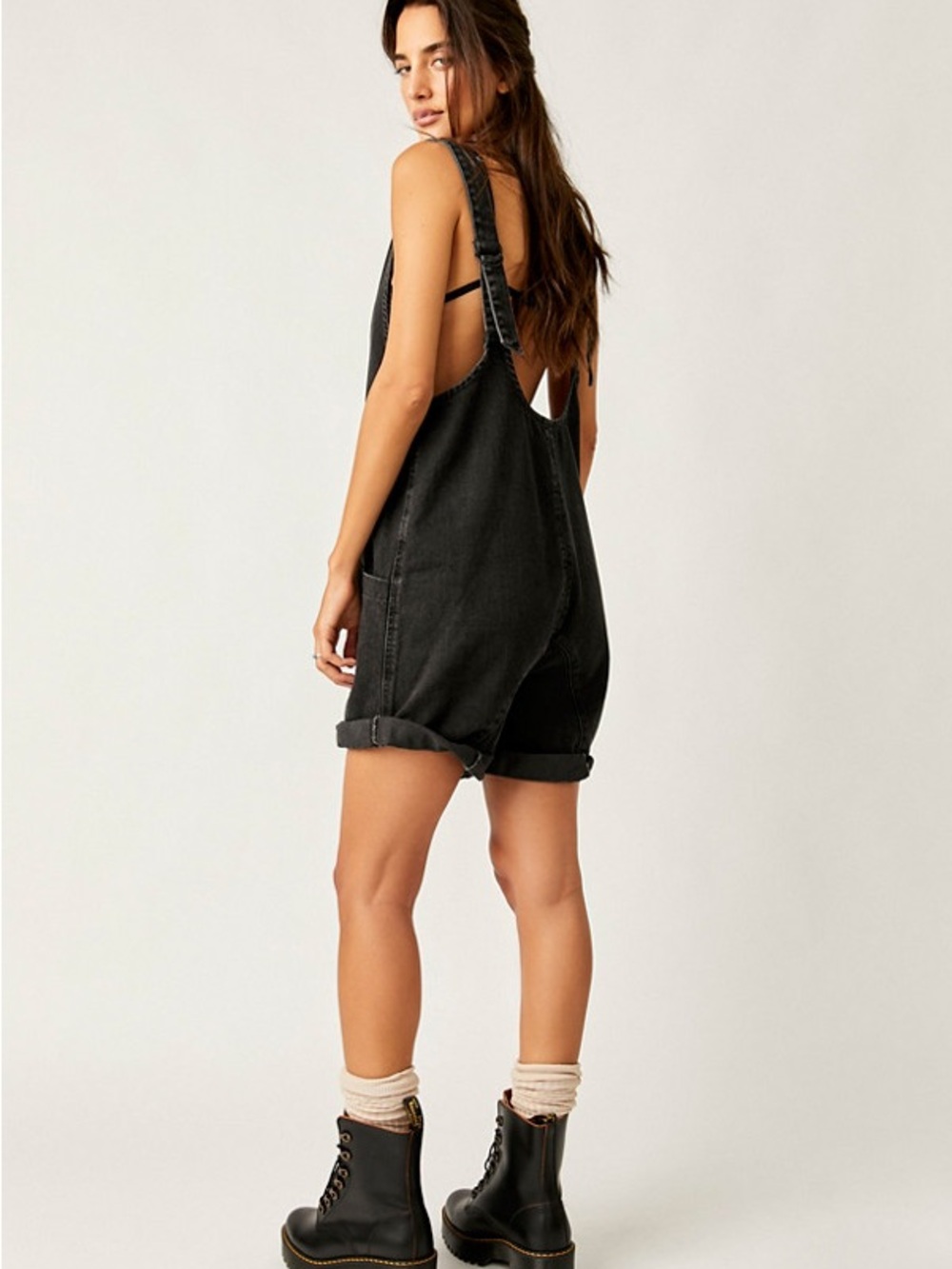 We The Free by Free People Black Denim Short Overalls